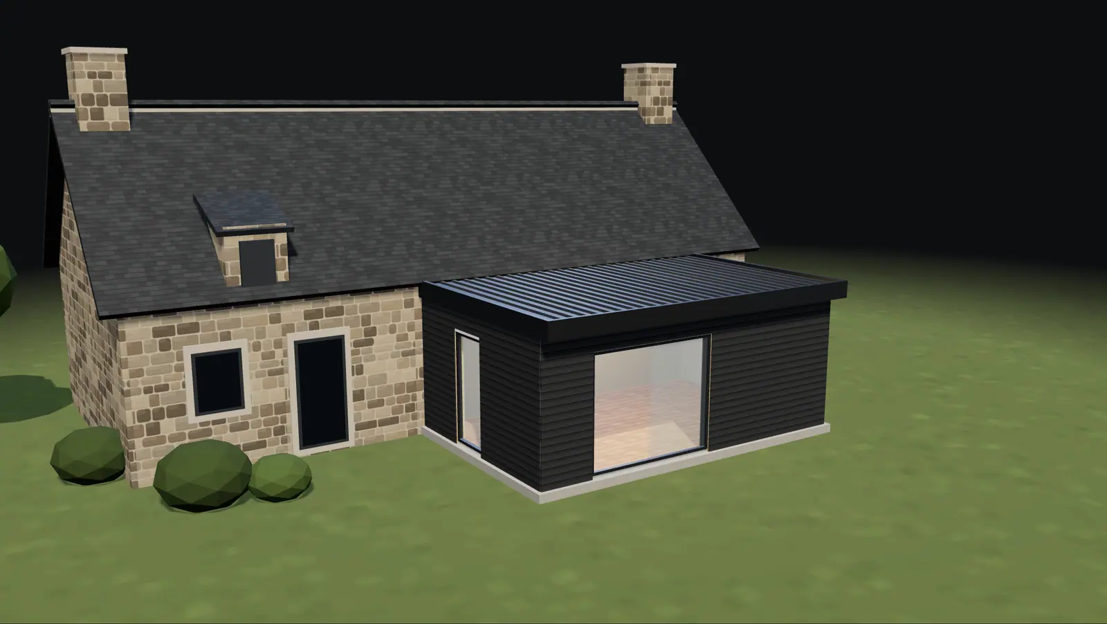 Illustration 3D : une extension en ossature bois terminée, contre une longère en pierre